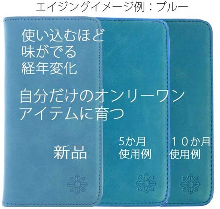 ンドメイドの本革手帳型スマホケース（ブルー）の経年変化